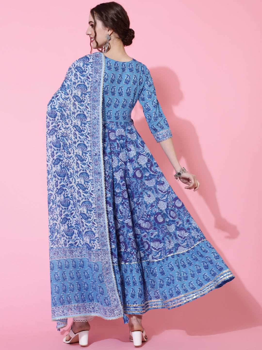 Cotton Ankle Length Printed Flared 3/4 Sleeves Sweetheart Neck Kurta Dupatta Set