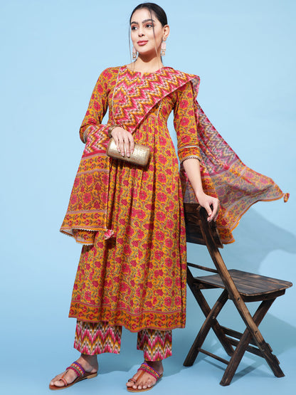 Cotton Calf Length Printed Semi-Flared 3/4 Sleeve Round Neck Kurta Bottom Dupatta Set