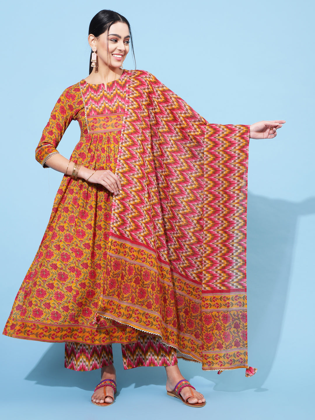 Cotton Calf Length Printed Semi-Flared 3/4 Sleeve Round Neck Kurta Bottom Dupatta Set
