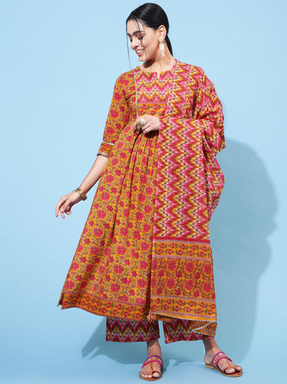 Cotton Calf Length Printed Semi-Flared 3/4 Sleeve Round Neck Kurta Bottom Dupatta Set
