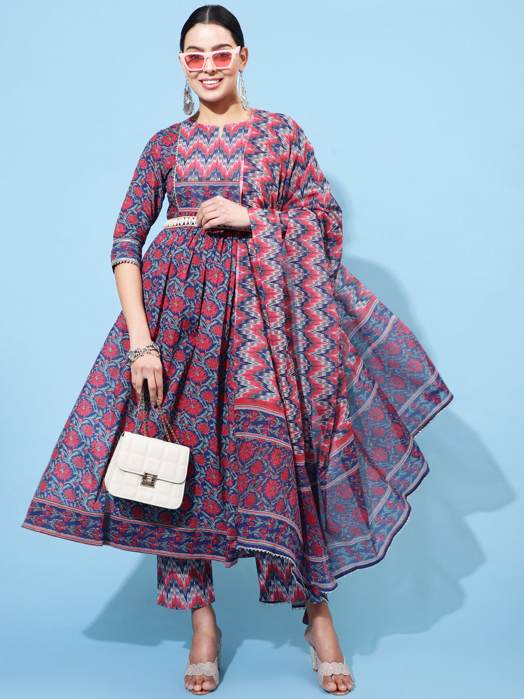 Cotton Calf Length Printed Semi-Flared 3/4 Sleeve Round Neck Kurta Bottom Dupatta Set