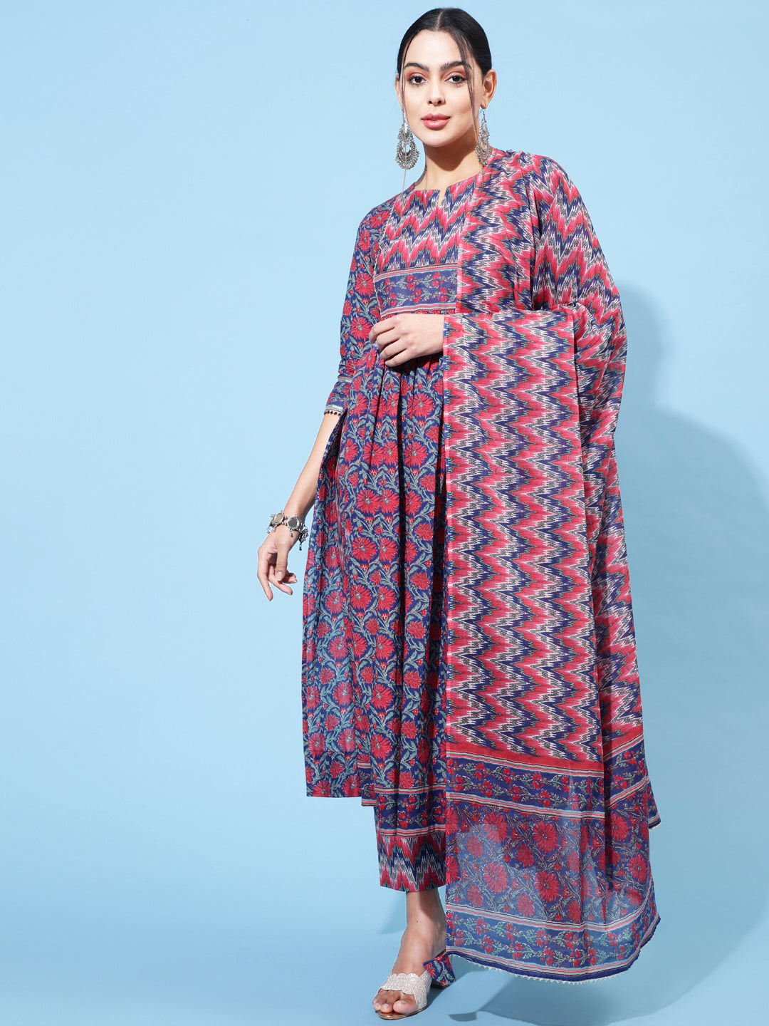 Cotton Calf Length Printed Semi-Flared 3/4 Sleeve Round Neck Kurta Bottom Dupatta Set