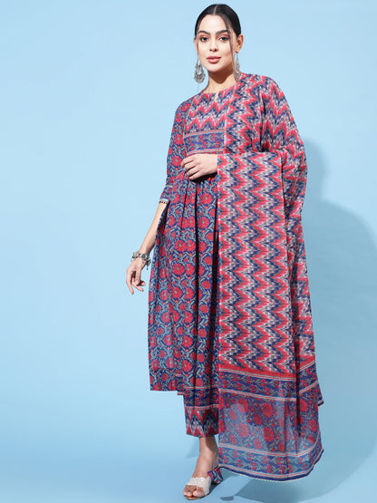 Cotton Calf Length Printed Semi-Flared 3/4 Sleeve Round Neck Kurta Bottom Dupatta Set