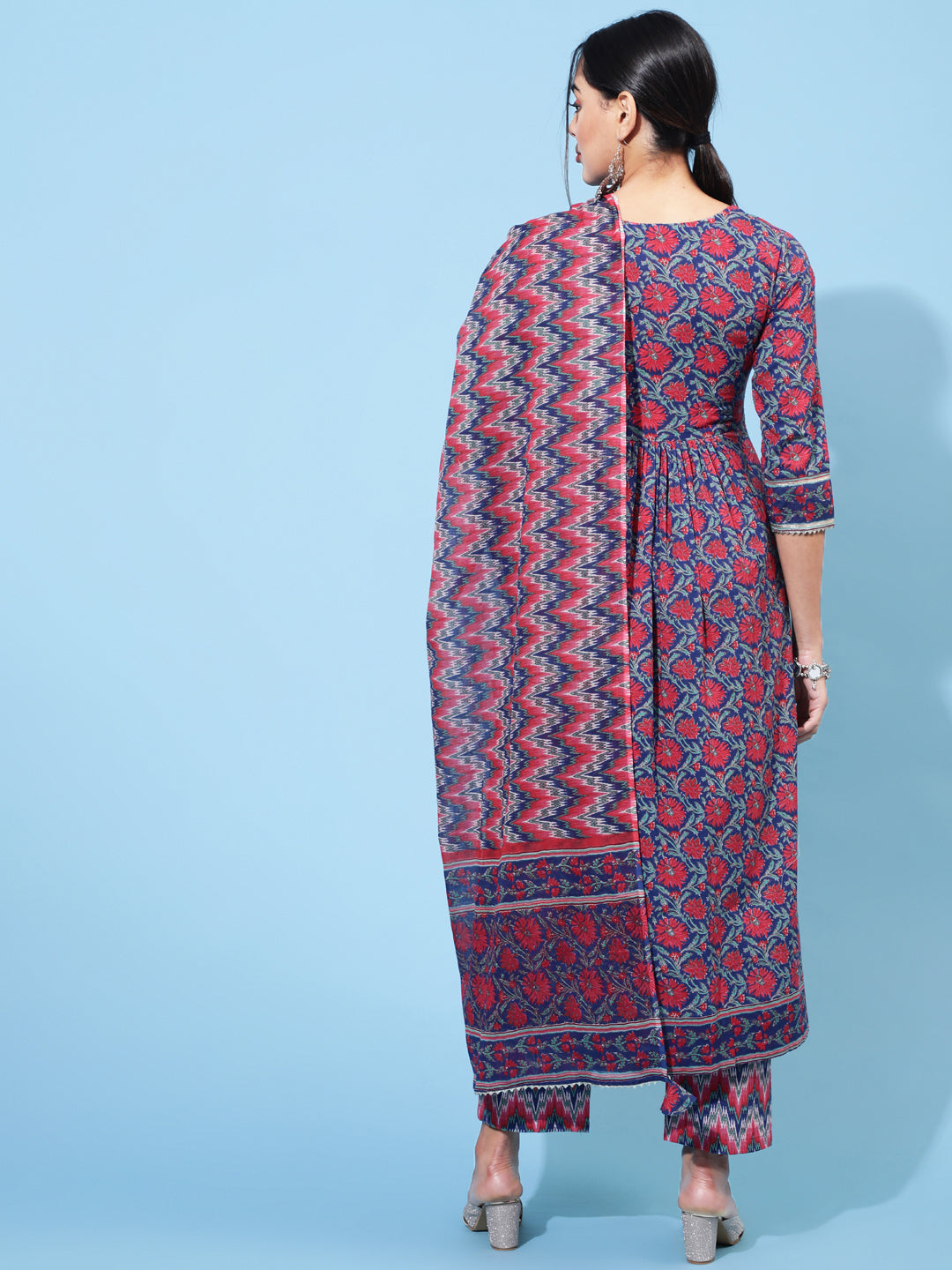 Cotton Calf Length Printed Semi-Flared 3/4 Sleeve Round Neck Kurta Bottom Dupatta Set