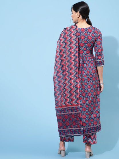 Cotton Calf Length Printed Semi-Flared 3/4 Sleeve Round Neck Kurta Bottom Dupatta Set