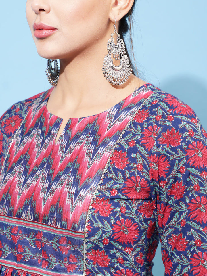 Cotton Calf Length Printed Semi-Flared 3/4 Sleeve Round Neck Kurta Bottom Dupatta Set