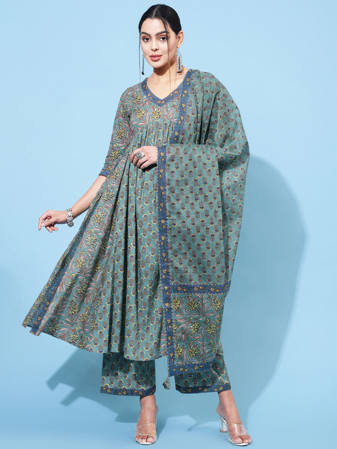 Cotton Calf Length Printed Semi-Flared 3/4 Sleeve V Neck Kurta Bottom Dupatta Set