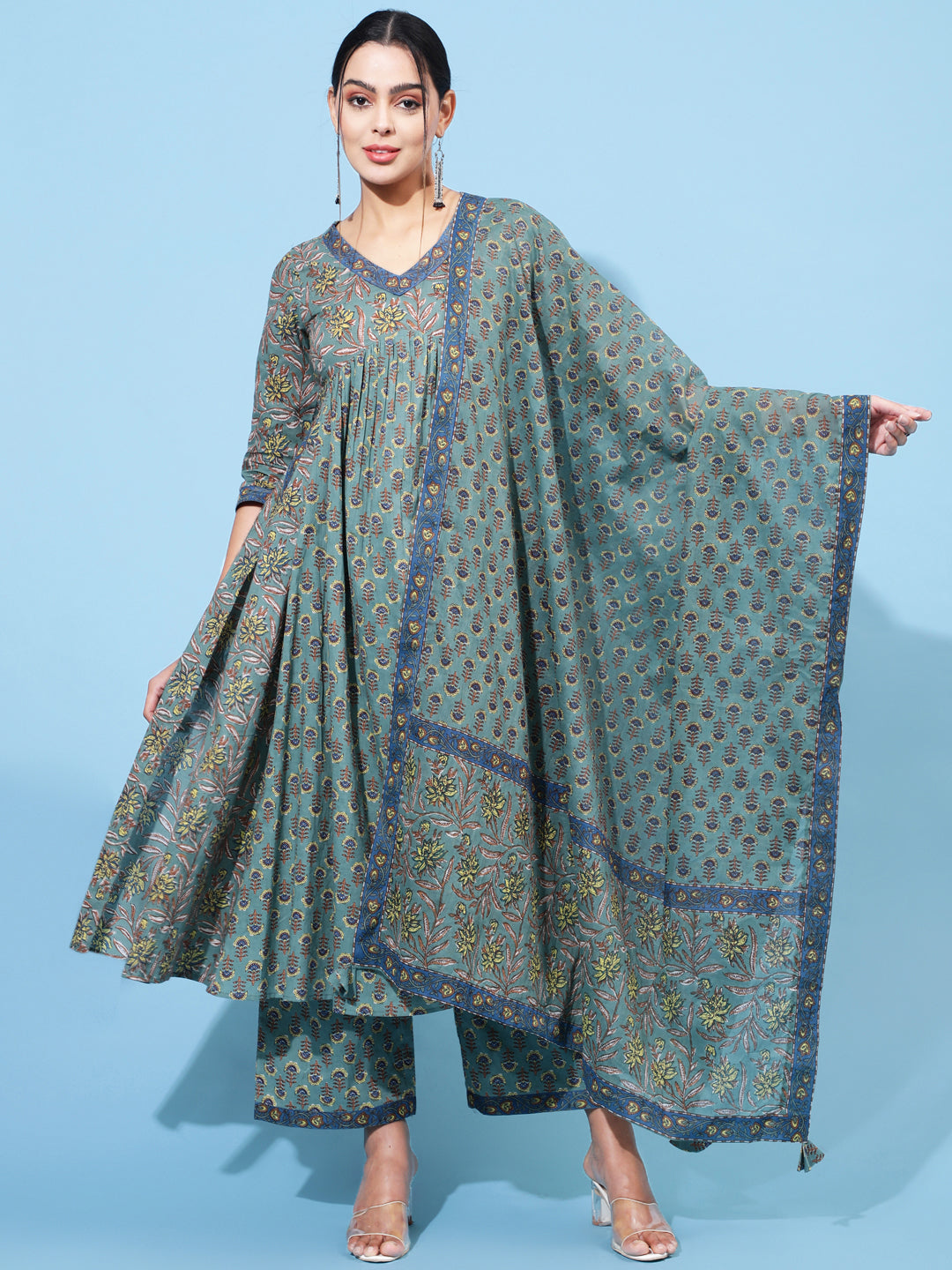 Cotton Calf Length Printed Semi-Flared 3/4 Sleeve V Neck Kurta Bottom Dupatta Set