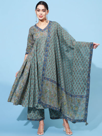 Cotton Calf Length Printed Semi-Flared 3/4 Sleeve V Neck Kurta Bottom Dupatta Set
