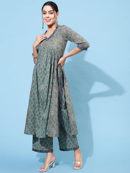 Cotton Calf Length Printed Semi-Flared 3/4 Sleeve V Neck Kurta Bottom Dupatta Set
