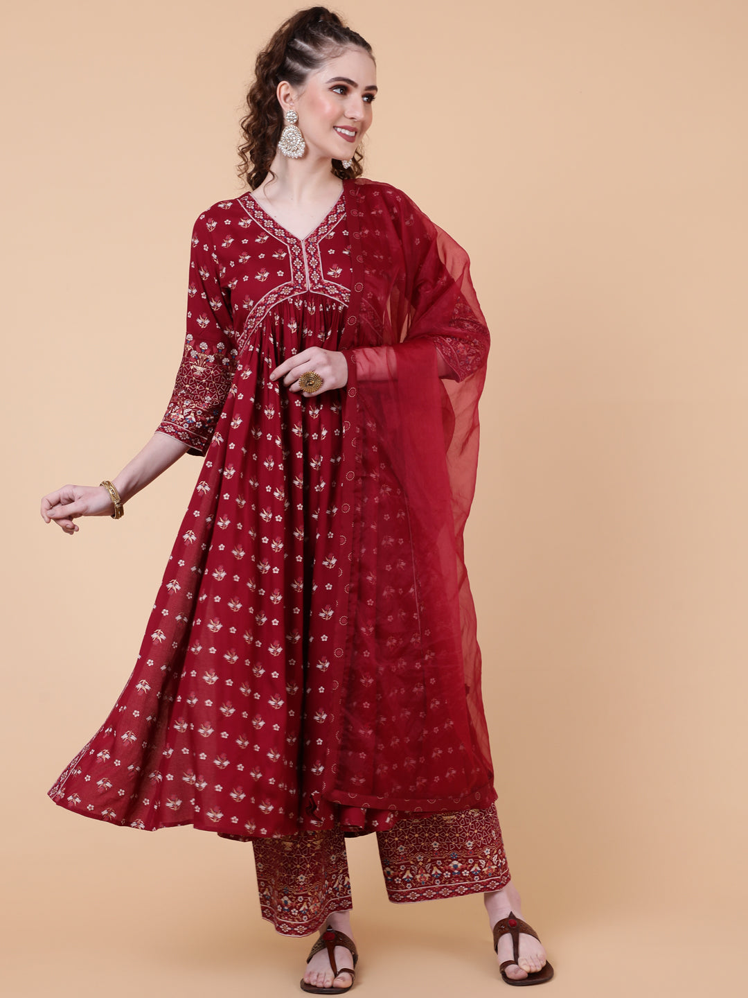 Rayon Calf Length Printed Semi-Flared 3/4 Sleeves V-neck Kurta Bottom Dupatta Set