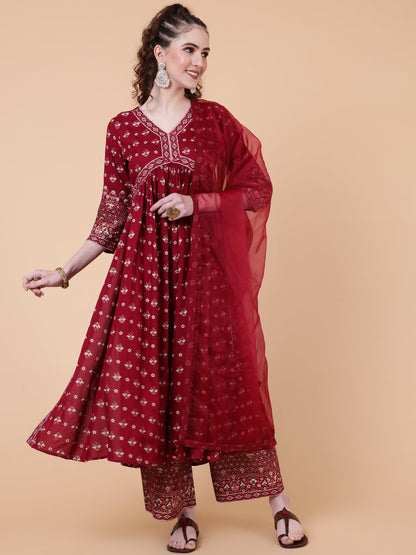 Rayon Calf Length Printed Semi-Flared 3/4 Sleeves V-neck Kurta Bottom Dupatta Set