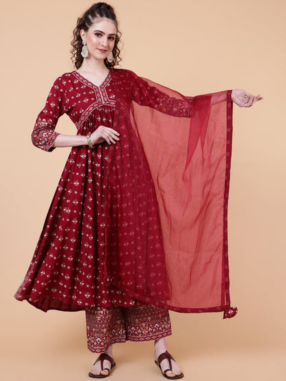 Rayon Calf Length Printed Semi-Flared 3/4 Sleeves V-neck Kurta Bottom Dupatta Set