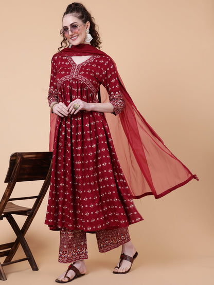 Rayon Calf Length Printed Semi-Flared 3/4 Sleeves V-neck Kurta Bottom Dupatta Set