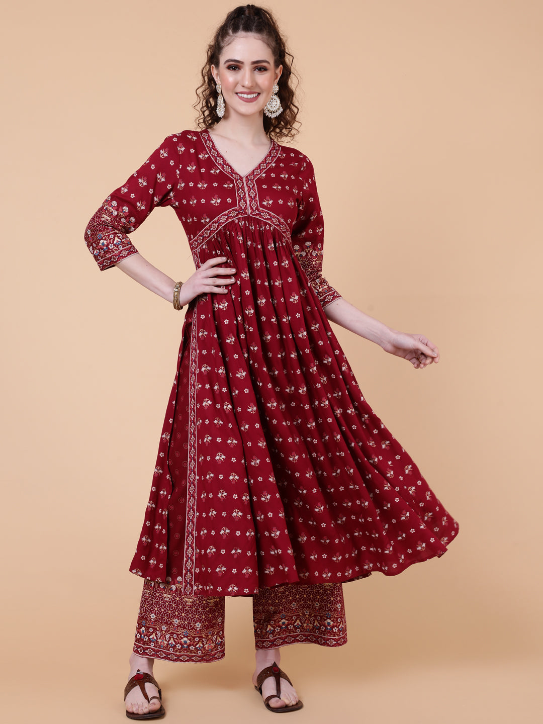 Rayon Calf Length Printed Semi-Flared 3/4 Sleeves V-neck Kurta Bottom Dupatta Set