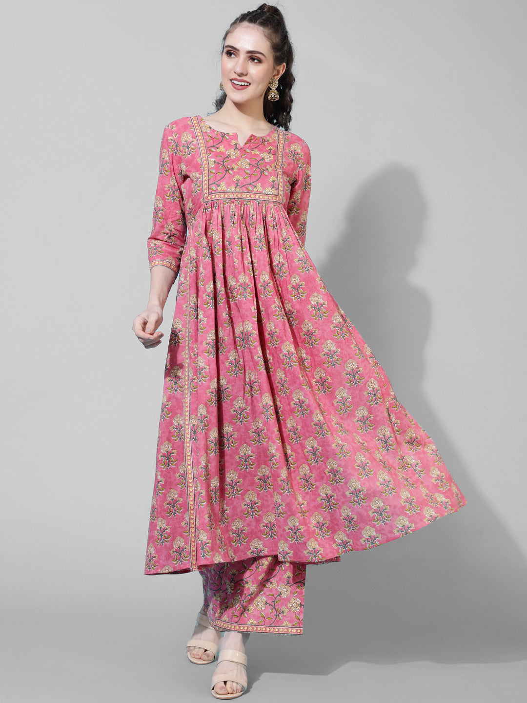 Rayon Calf Length Printed Semi-Flared 3/4 Sleeves Round Neck Kurta Bottom Set