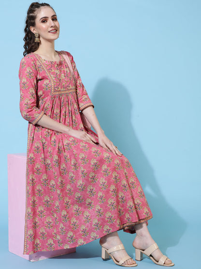 Rayon Calf Length Printed Semi-Flared 3/4 Sleeves Round Neck Kurta Bottom Set