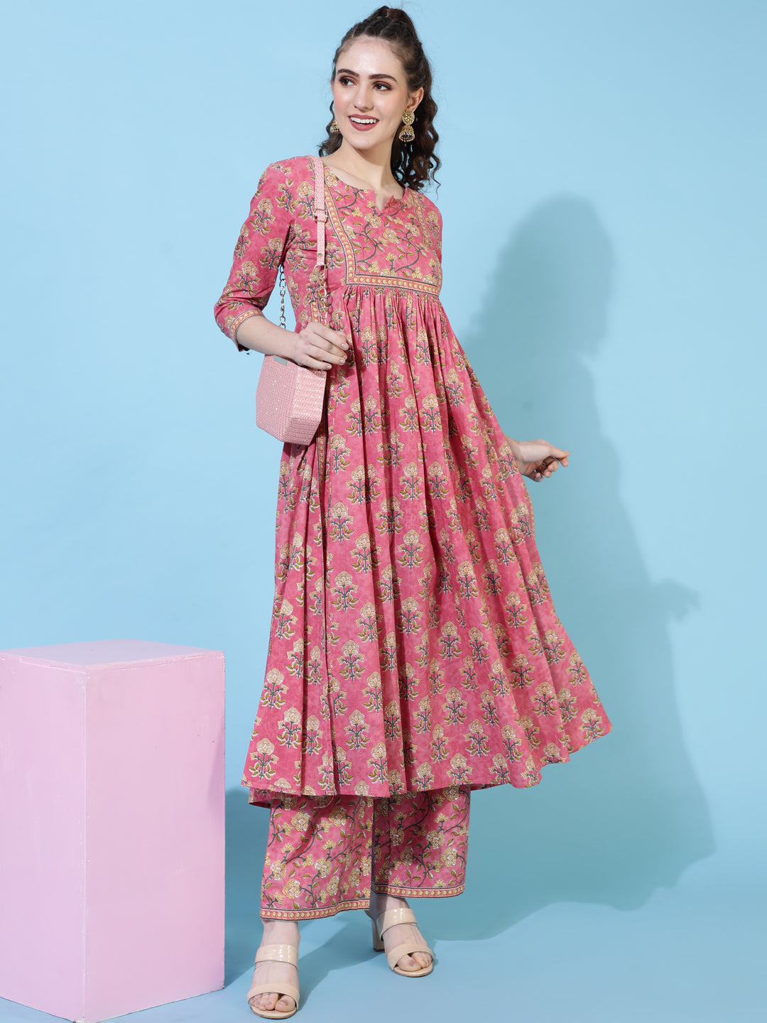 Rayon Calf Length Printed Semi-Flared 3/4 Sleeves Round Neck Kurta Bottom Set
