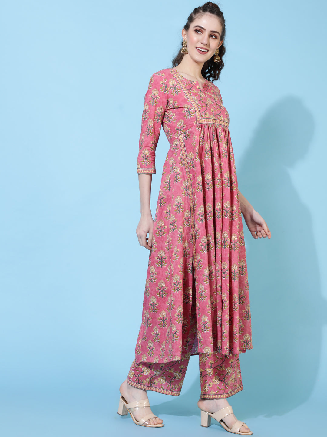 Rayon Calf Length Printed Semi-Flared 3/4 Sleeves Round Neck Kurta Bottom Set