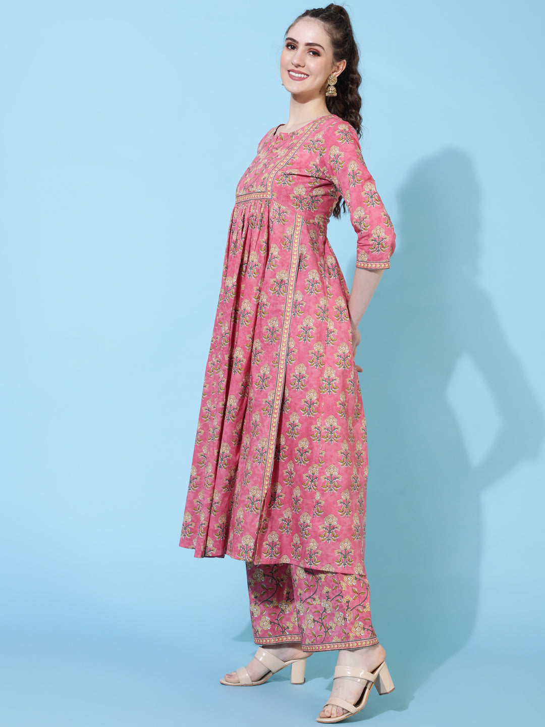 Rayon Calf Length Printed Semi-Flared 3/4 Sleeves Round Neck Kurta Bottom Set