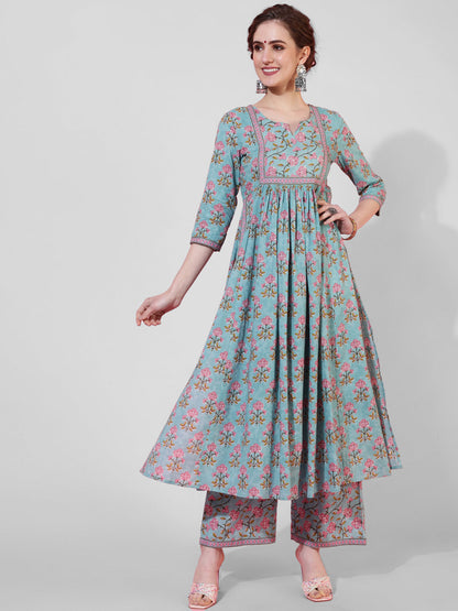 Rayon Calf Length Printed Semi-Flared 3/4 Sleeves Round Neck Kurta Bottom Set