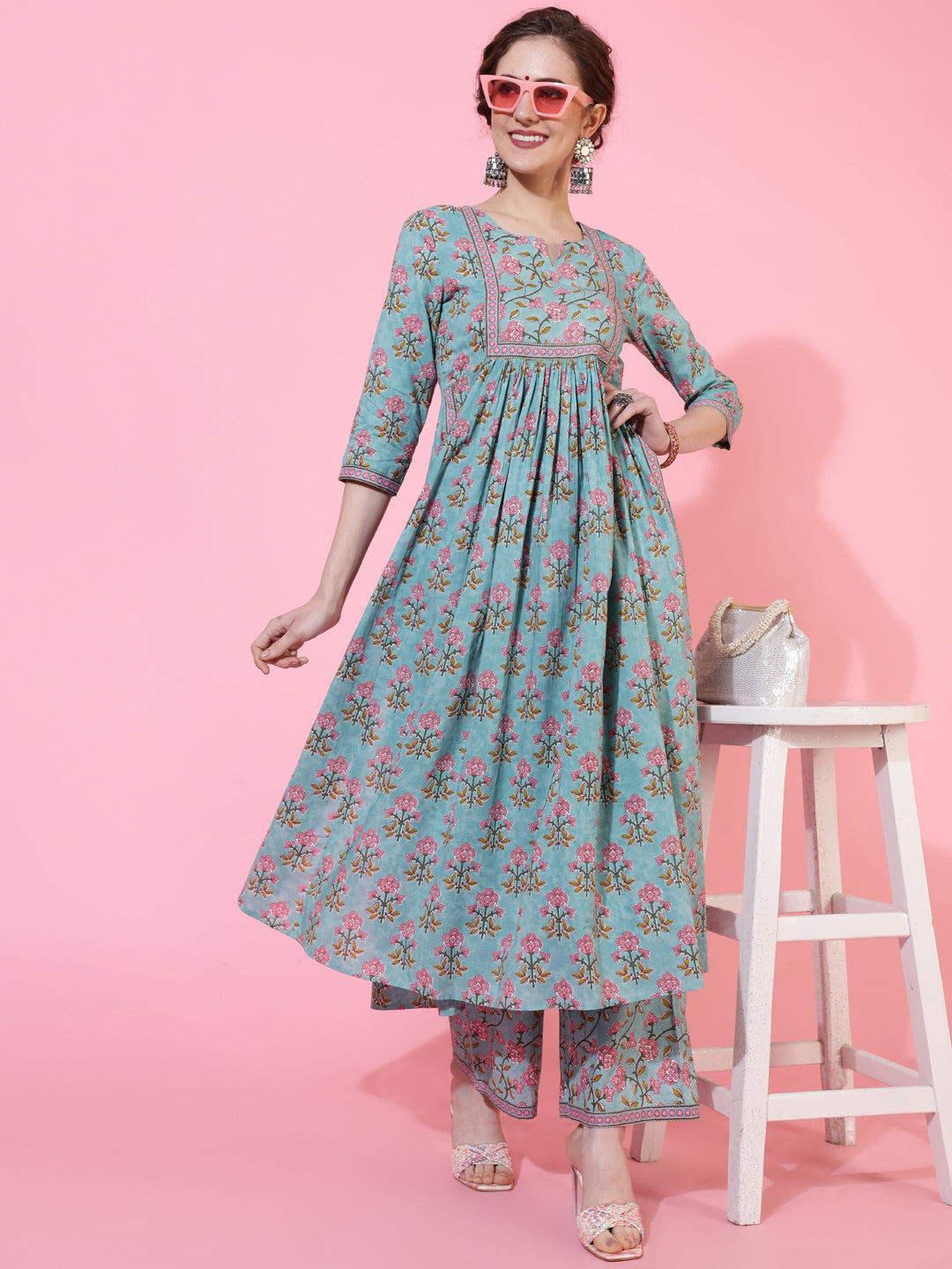 Rayon Calf Length Printed Semi-Flared 3/4 Sleeves Round Neck Kurta Bottom Set