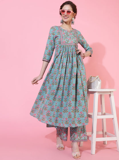 Rayon Calf Length Printed Semi-Flared 3/4 Sleeves Round Neck Kurta Bottom Set