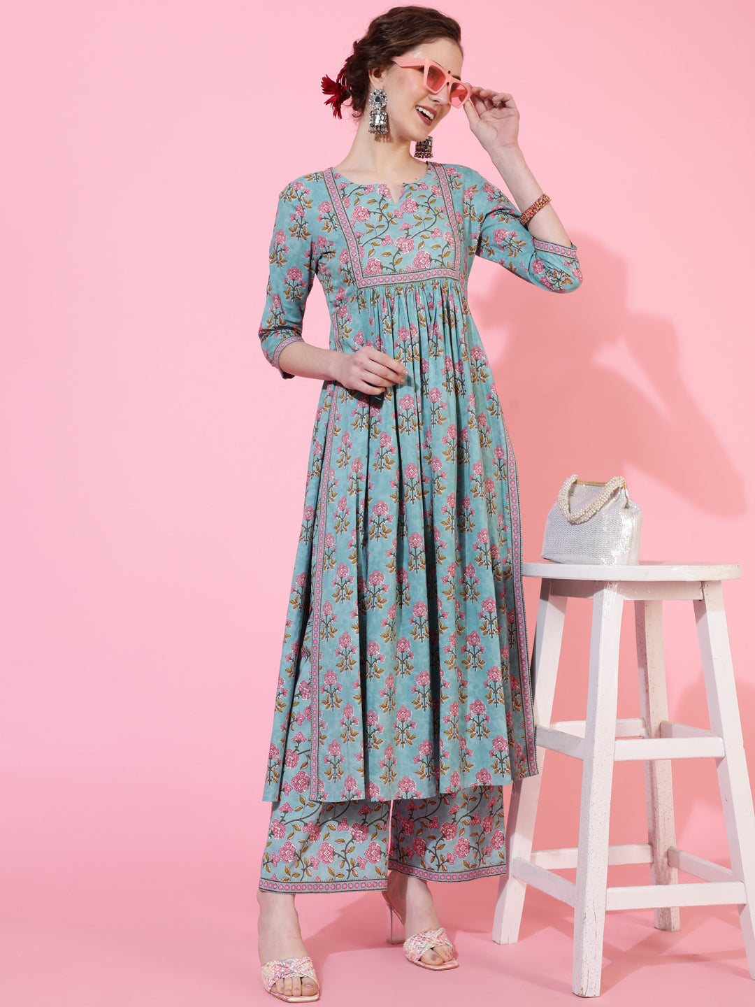 Rayon Calf Length Printed Semi-Flared 3/4 Sleeves Round Neck Kurta Bottom Set