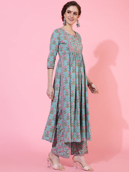 Rayon Calf Length Printed Semi-Flared 3/4 Sleeves Round Neck Kurta Bottom Set