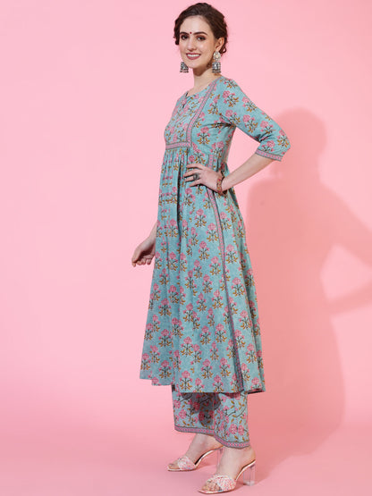 Rayon Calf Length Printed Semi-Flared 3/4 Sleeves Round Neck Kurta Bottom Set