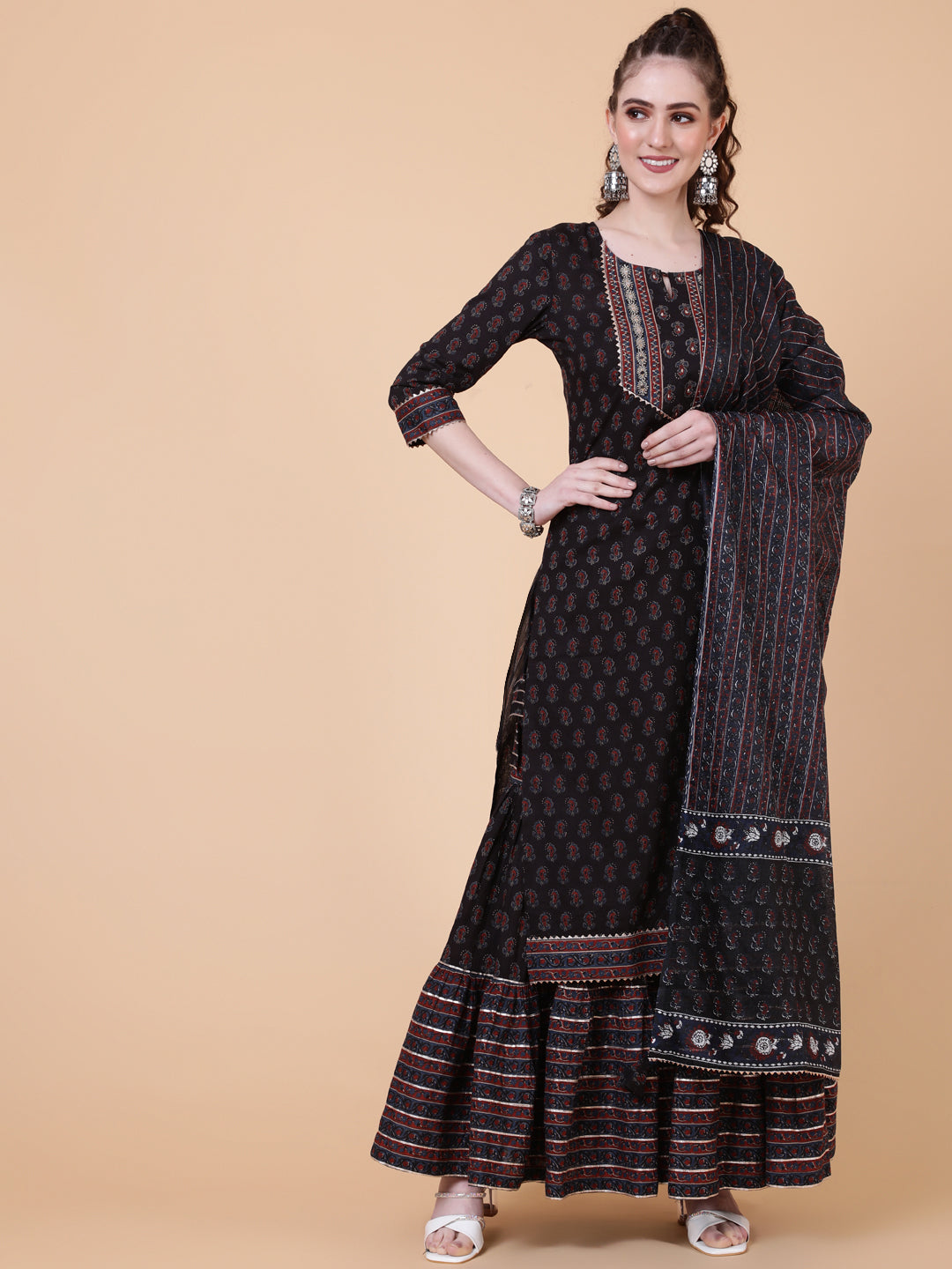 Cotton Calf Length Printed Straight 3/4 Sleeves Round Neck Kurta Bottom Dupatta Set