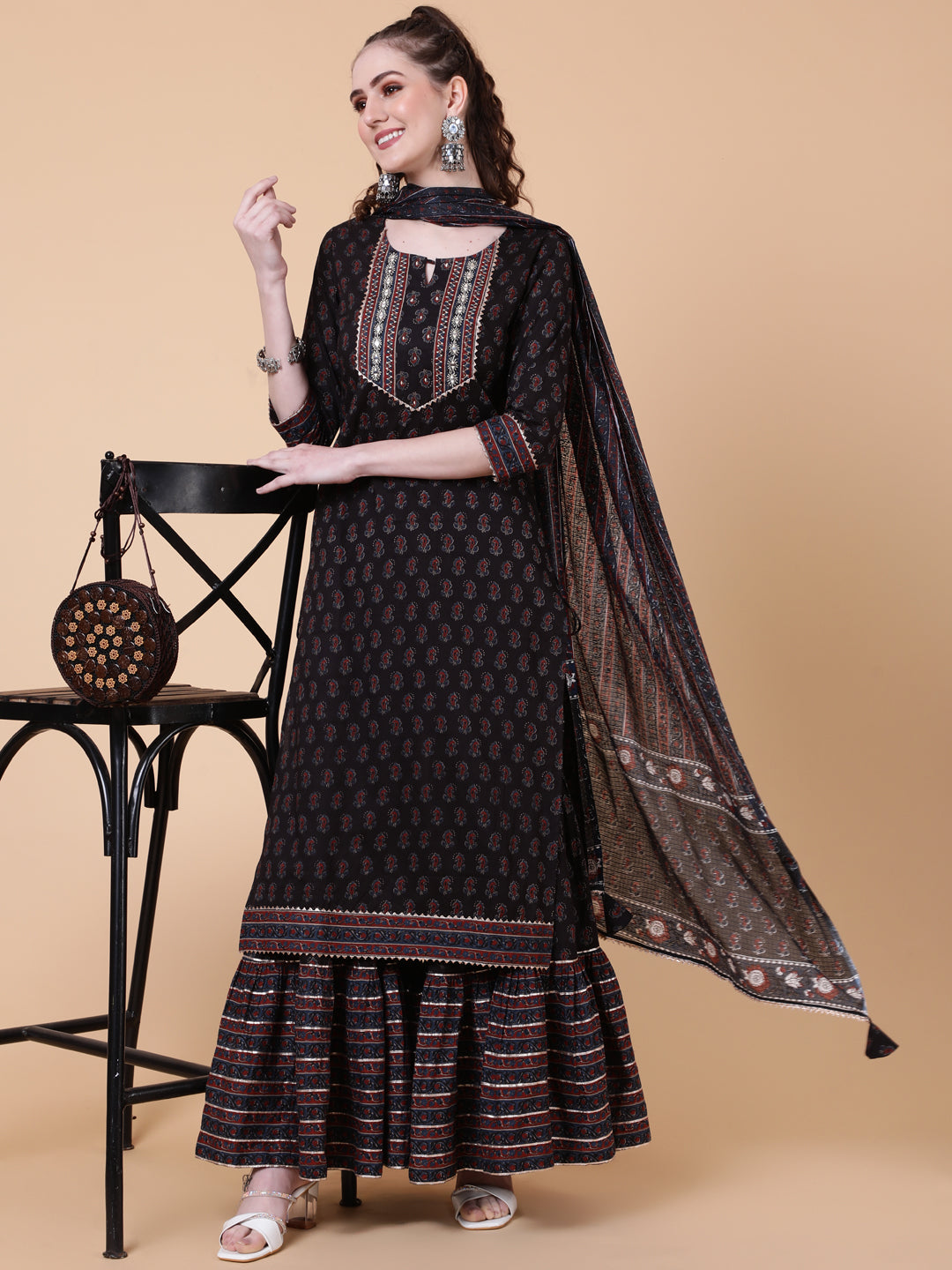 Cotton Calf Length Printed Straight 3/4 Sleeves Round Neck Kurta Bottom Dupatta Set