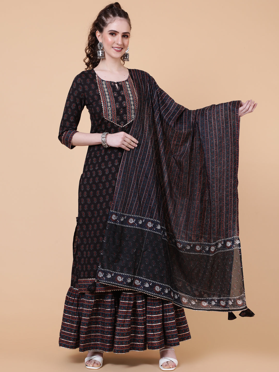 Cotton Calf Length Printed Straight 3/4 Sleeves Round Neck Kurta Bottom Dupatta Set