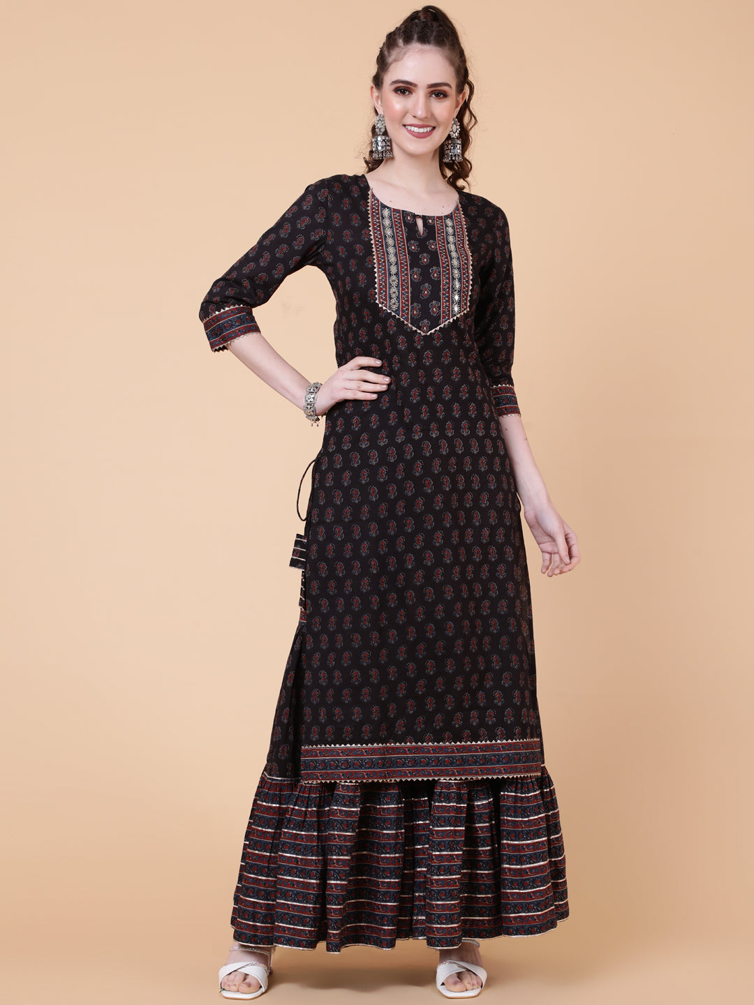 Cotton Calf Length Printed Straight 3/4 Sleeves Round Neck Kurta Bottom Dupatta Set