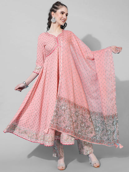 Cotton Calf Length Printed Flared 3/4 Sleeves Sweetheart Neck Kurta Bottom Dupatta Set