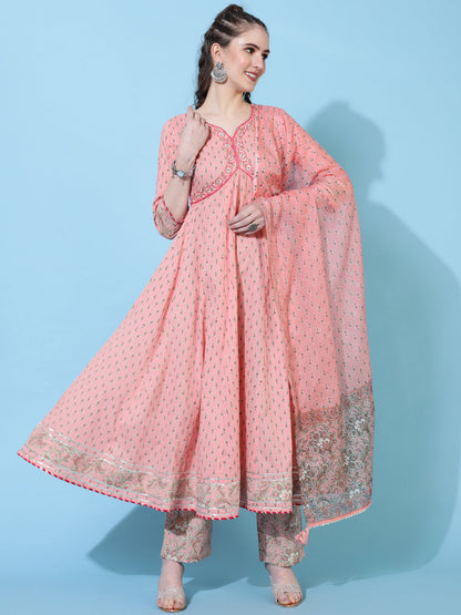 Cotton Calf Length Printed Flared 3/4 Sleeves Sweetheart Neck Kurta Bottom Dupatta Set