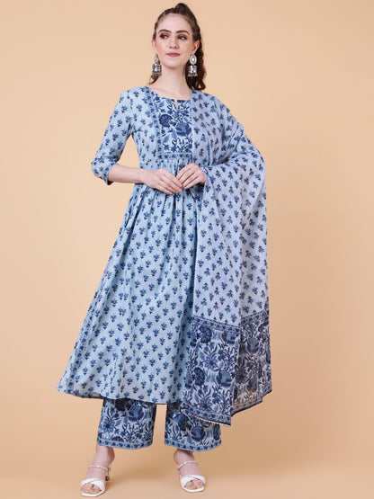 Cotton Calf Length Printed Semi-Flared 3/4 Sleeves Round Neck Kurta Bottom Dupatta Set