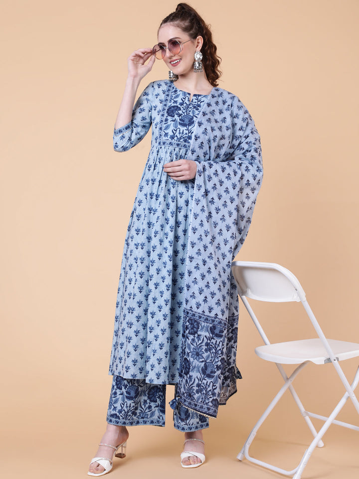 Cotton Calf Length Printed Semi-Flared 3/4 Sleeves Round Neck Kurta Bottom Dupatta Set