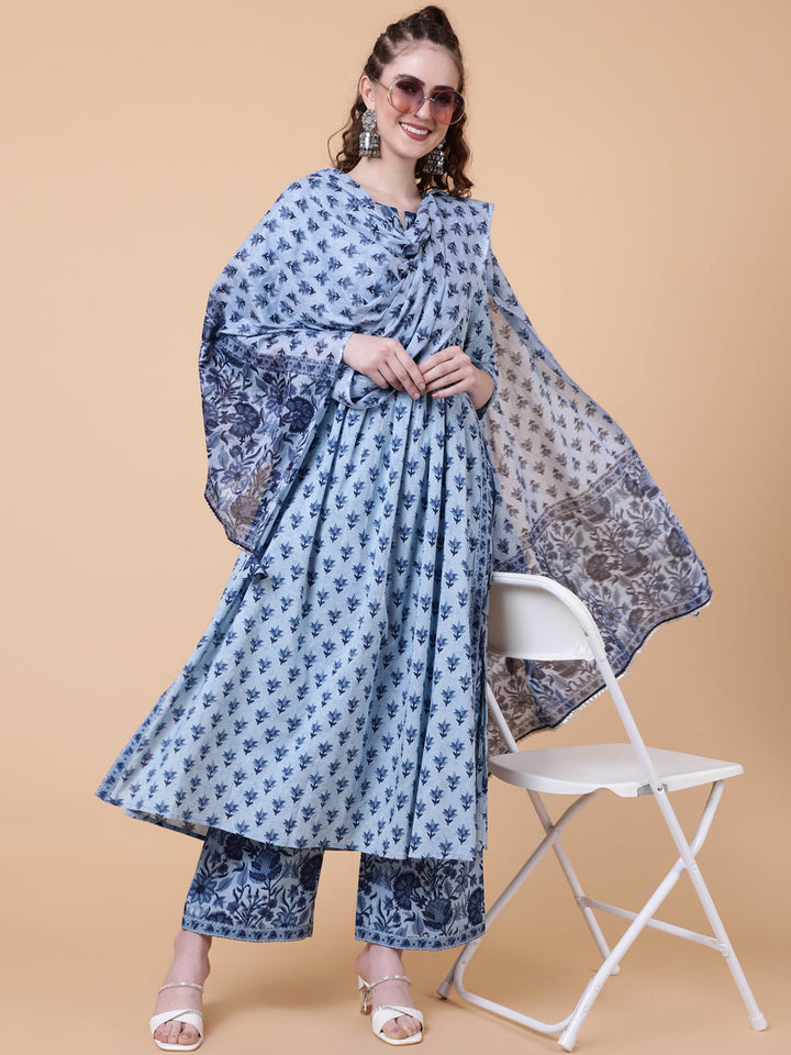 Cotton Calf Length Printed Semi-Flared 3/4 Sleeves Round Neck Kurta Bottom Dupatta Set