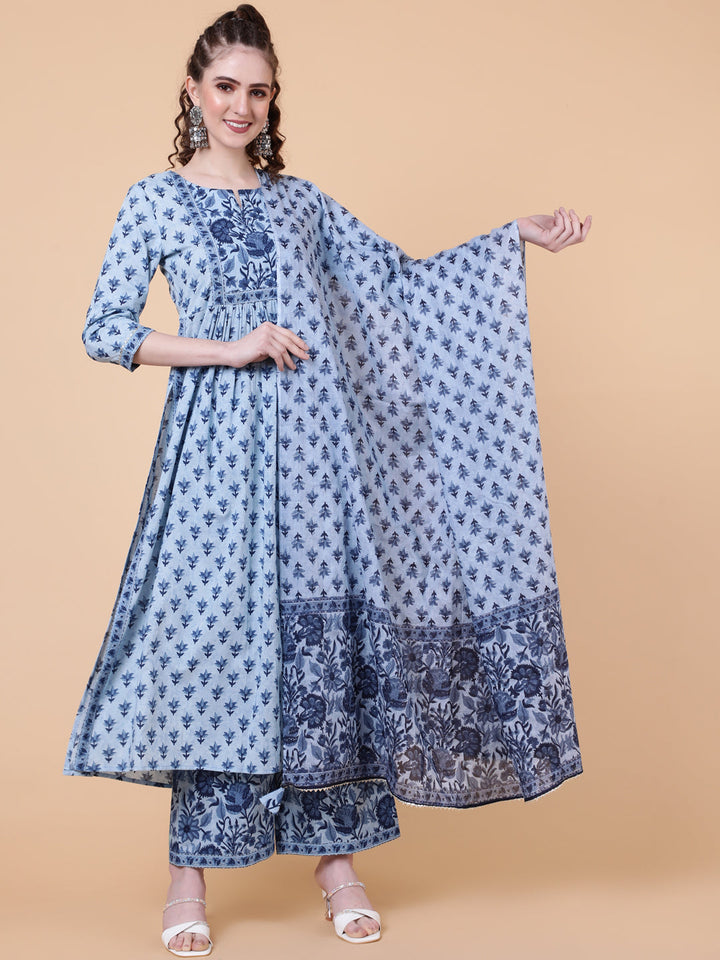 Cotton Calf Length Printed Semi-Flared 3/4 Sleeves Round Neck Kurta Bottom Dupatta Set