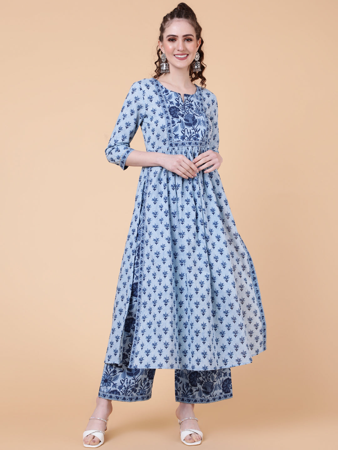Cotton Calf Length Printed Semi-Flared 3/4 Sleeves Round Neck Kurta Bottom Dupatta Set