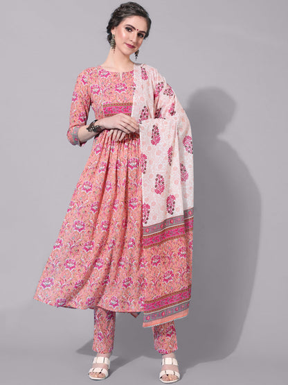 Cotton Calf Printed Semi-Flared 3/4 Sleeve Round Neck Kurta Bottom Dupatta Set