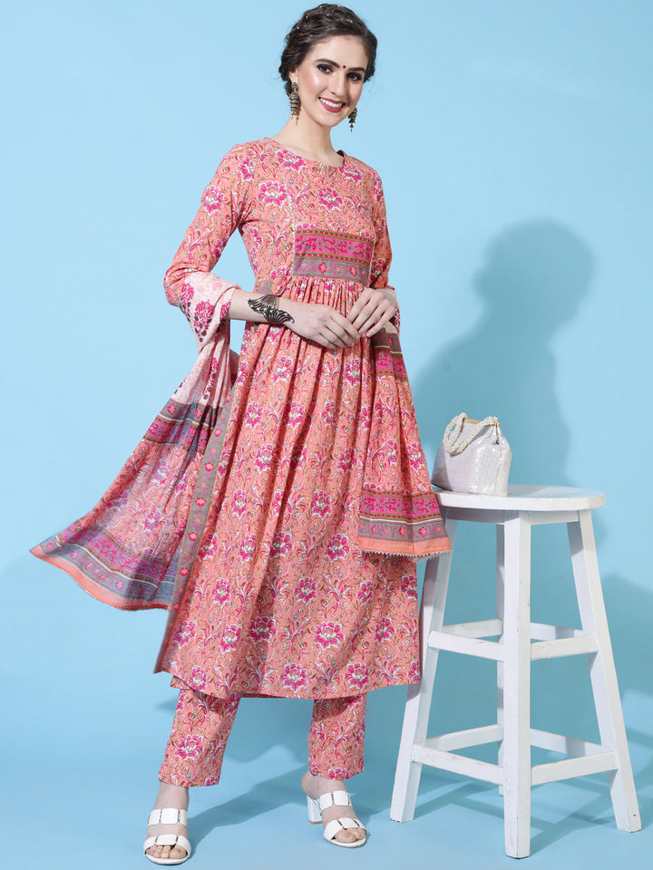 Cotton Calf Printed Semi-Flared 3/4 Sleeve Round Neck Kurta Bottom Dupatta Set