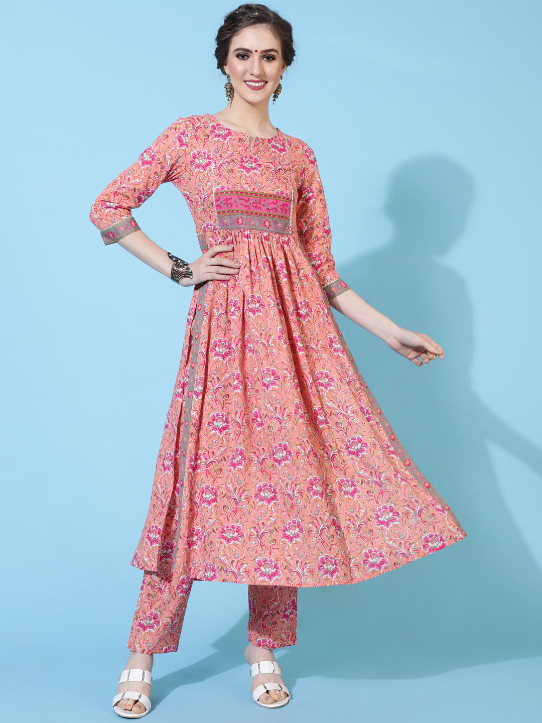 Cotton Calf Printed Semi-Flared 3/4 Sleeve Round Neck Kurta Bottom Dupatta Set