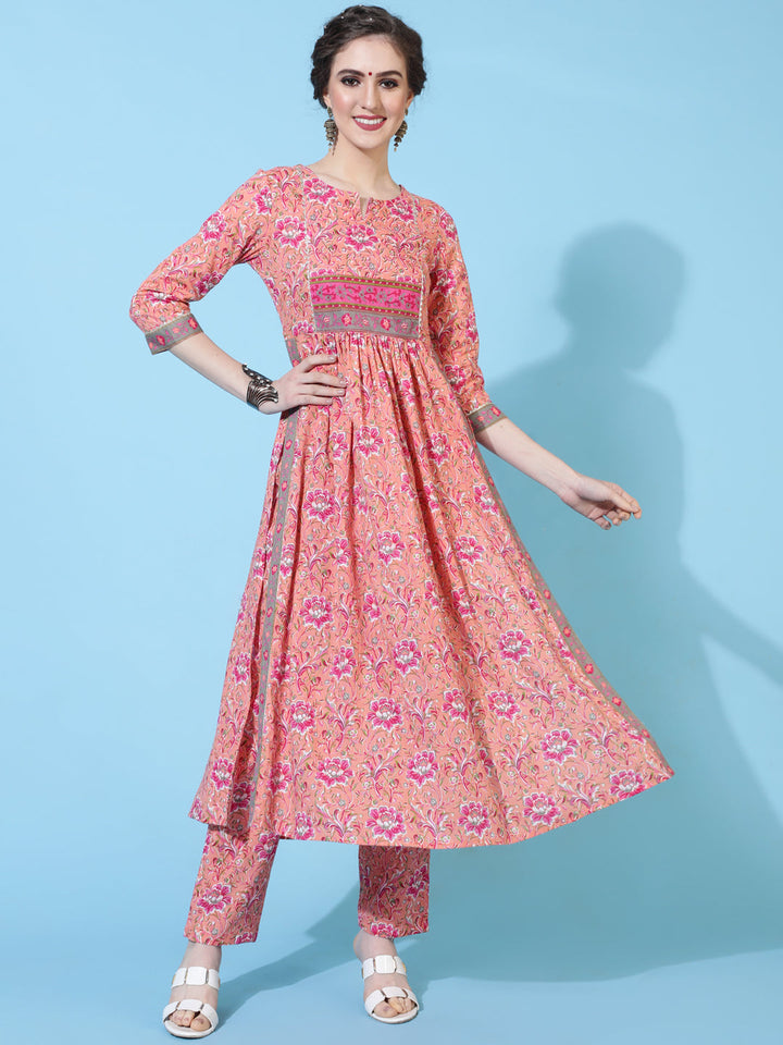 Cotton Calf Printed Semi-Flared 3/4 Sleeve Round Neck Kurta Bottom Dupatta Set