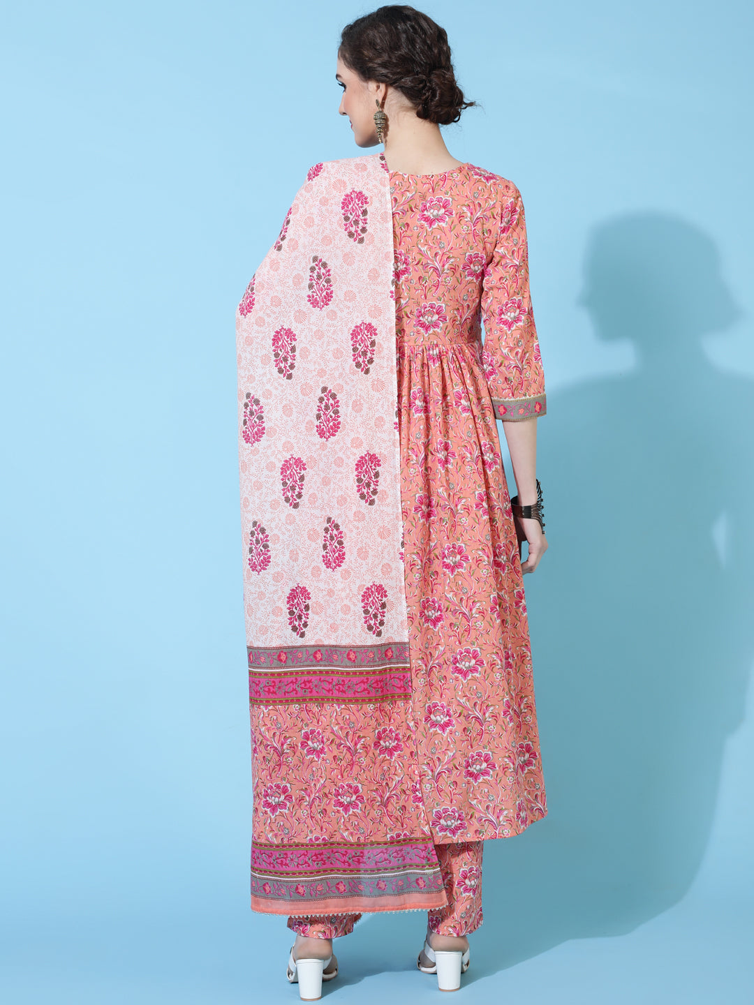 Cotton Calf Printed Semi-Flared 3/4 Sleeve Round Neck Kurta Bottom Dupatta Set