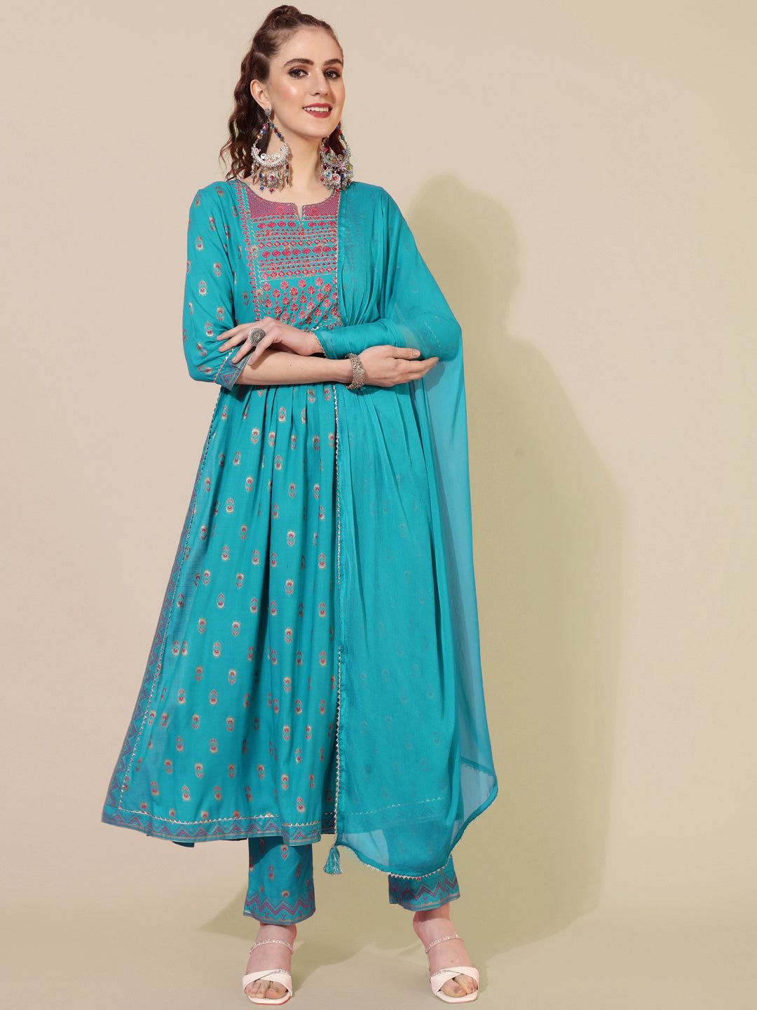 Rayon Calf Printed Flared 3/4 Sleeve Round Neck Kurta Bottom Dupatta Set