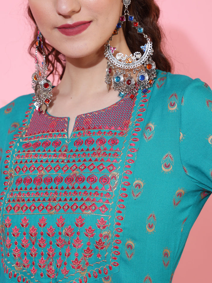 Rayon Calf Printed Flared 3/4 Sleeve Round Neck Kurta Bottom Dupatta Set