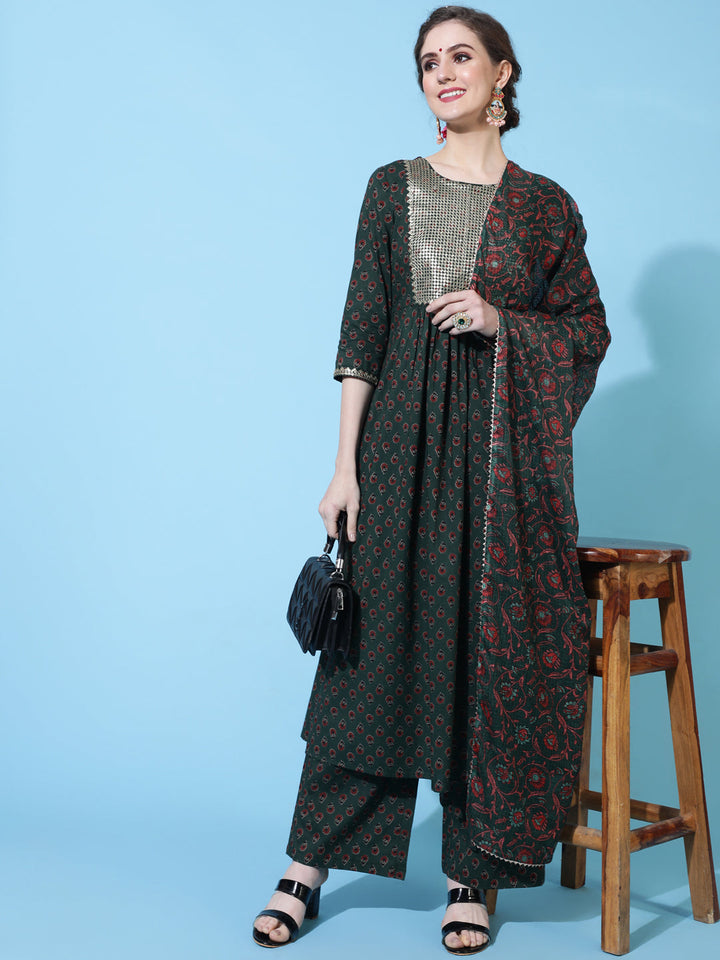 Cotton Calf Printed Flared 3/4 Sleeve Round Neck Kurta Bottom Dupatta Set