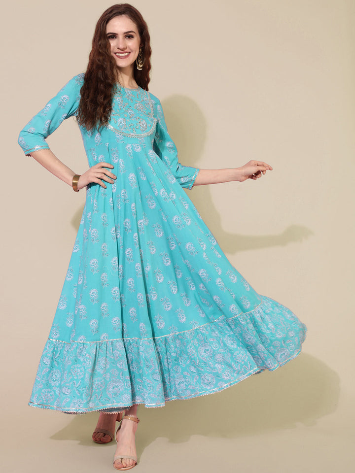 Cotton Ankle Length Printed Flared 3/4 Sleeves Round Neck Kurta